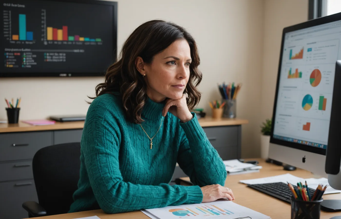 Administrator reviewing student progress dashboard on a desktop monitor in an office setting